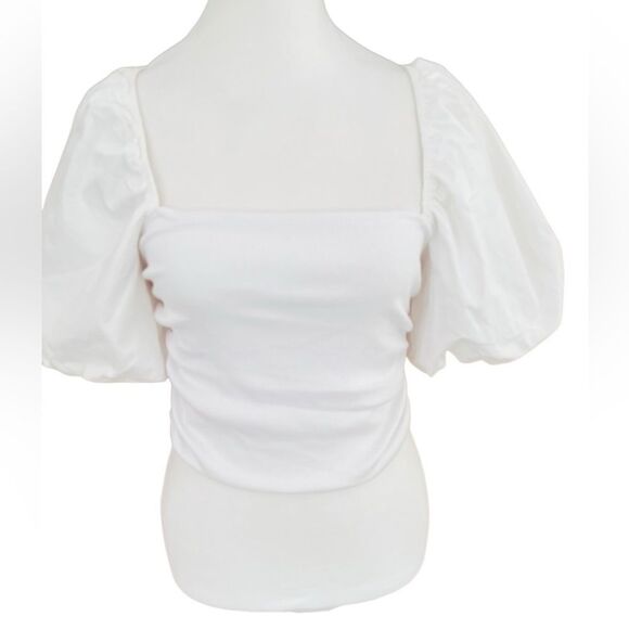 ZARA white ribbed square neck ruched side top with balloon sleeves size M. - Picture 1 of 9
